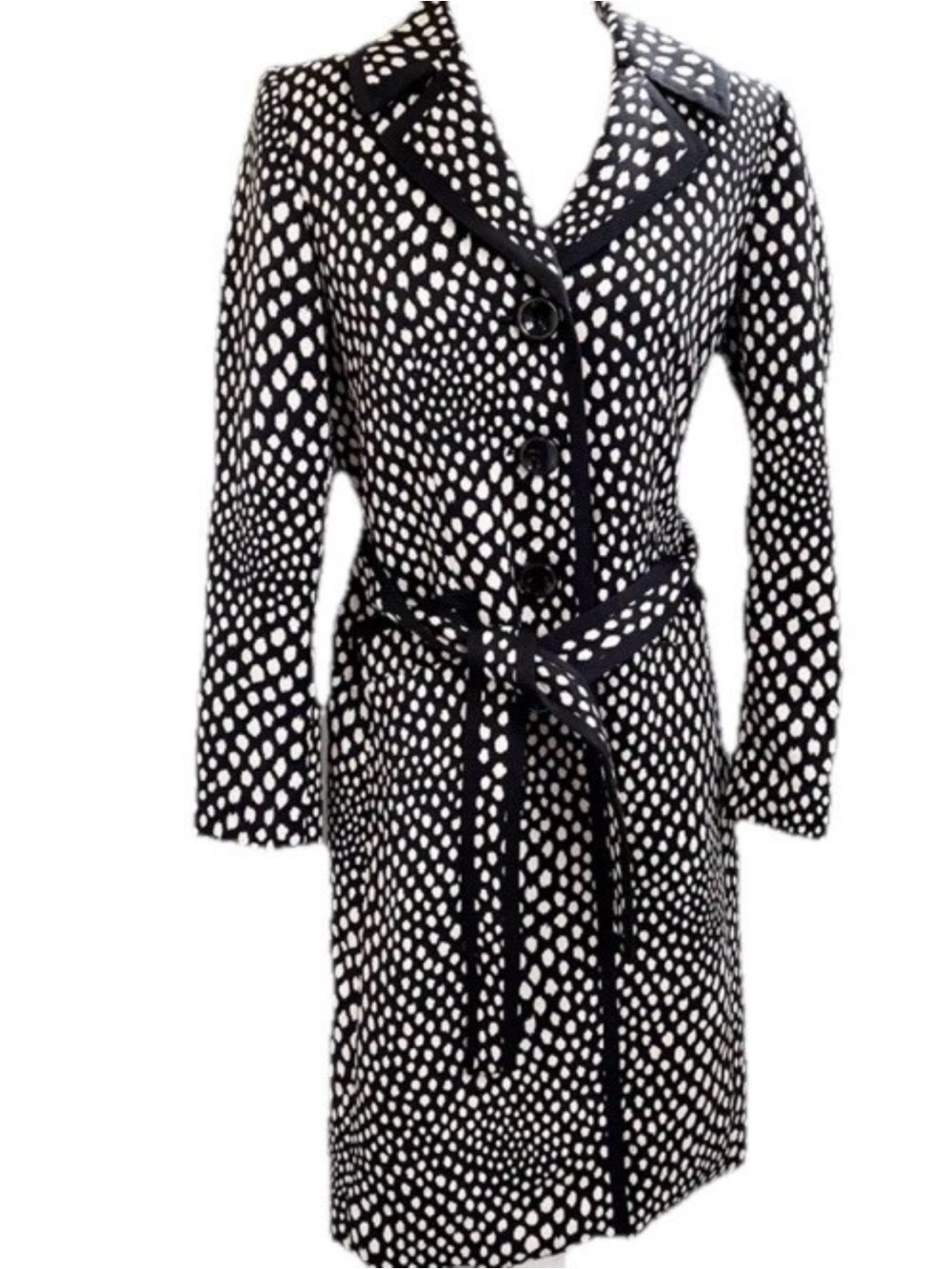 Kasper Black and Cream Polka Dotted Belted Knee Length Suit Coat Size 12